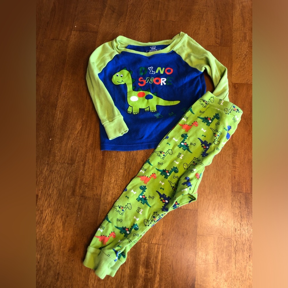 Green and blue baby boy or girl 12 month dino- snore pajamas